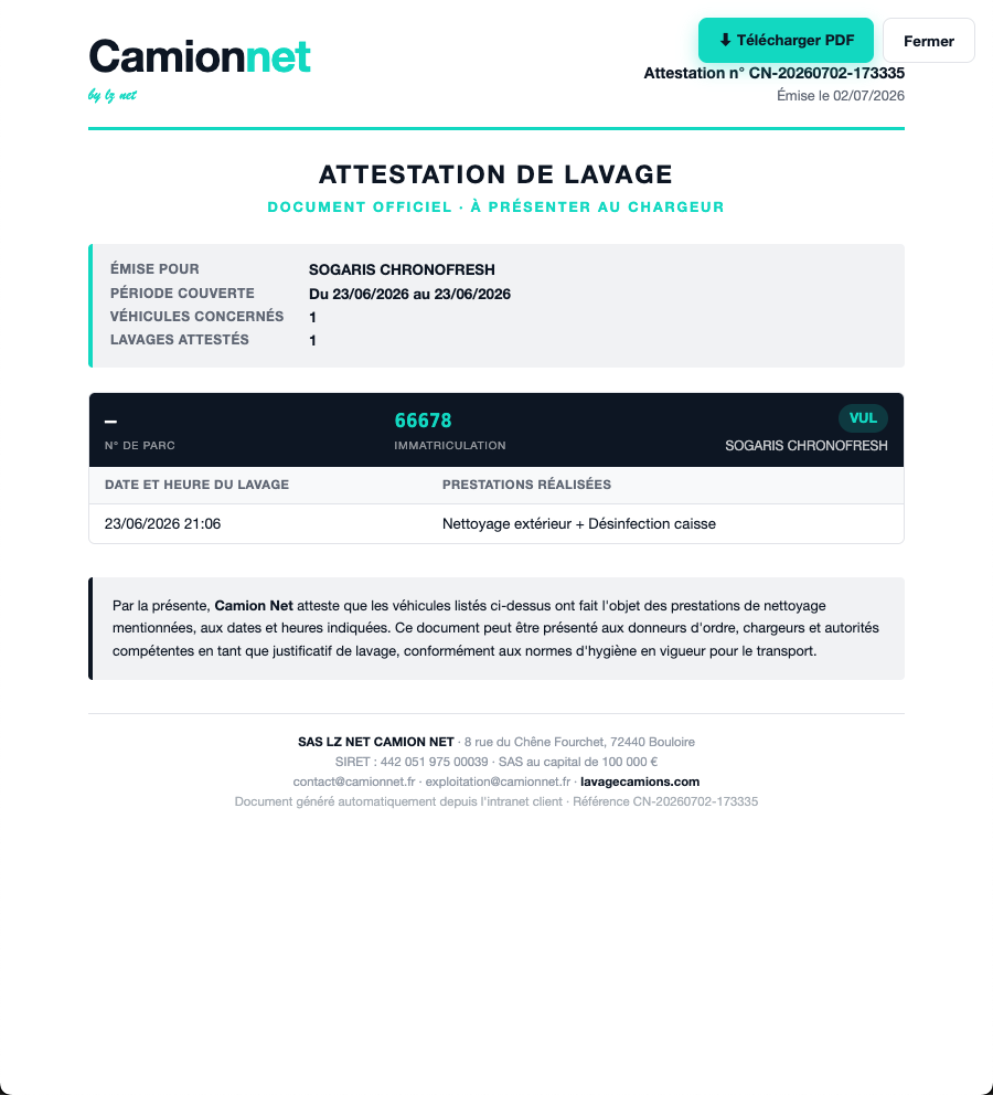 Attestation de lavage